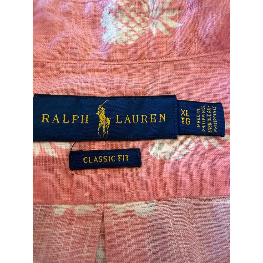 Ralph Lauren Mens XL Classic Fit Pink Pineapple Print Linen Short Sleeve Shirt - Picture 3 of 6